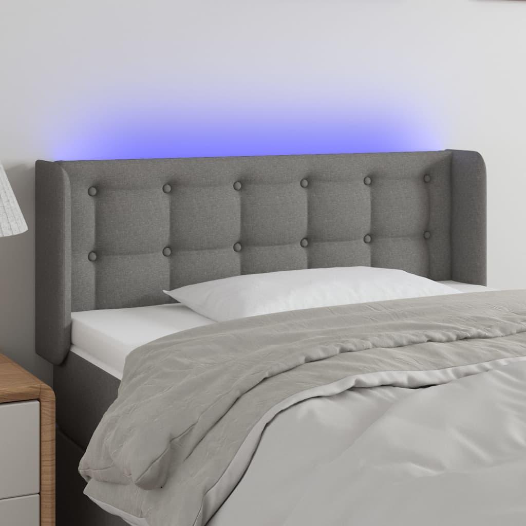 Sengegavl med LED-lys 83x16x78/88 cm stof mørkegrå billede