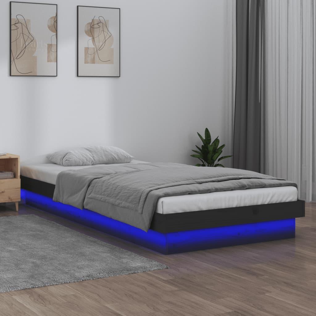 Sengeramme med LED-lys 90x200 cm massivt træ grå