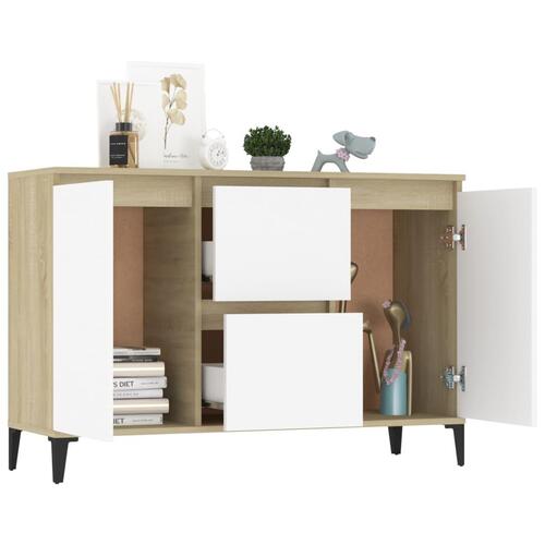 Skænk 104x35x70 cm spånplade hvid og sonoma-eg