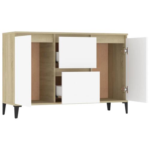 Skænk 104x35x70 cm spånplade hvid og sonoma-eg