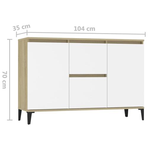 Skænk 104x35x70 cm spånplade hvid og sonoma-eg