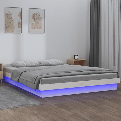 Sengeramme med LED-lys 160x200 cm massivt træ hvid