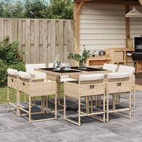 Spisebordssæt til haven 9 dele med hynder polyrattan beige