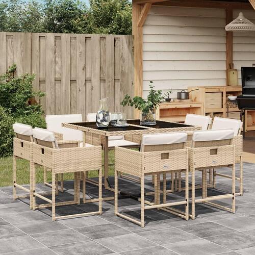Spisebordssæt til haven 9 dele med hynder polyrattan beige