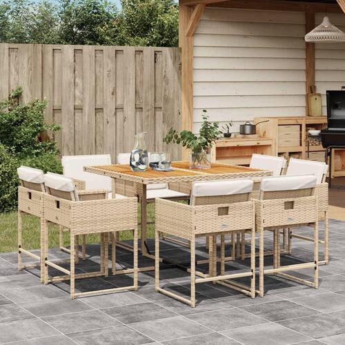 Spisebordssæt til haven 9 dele med hynder polyrattan beige