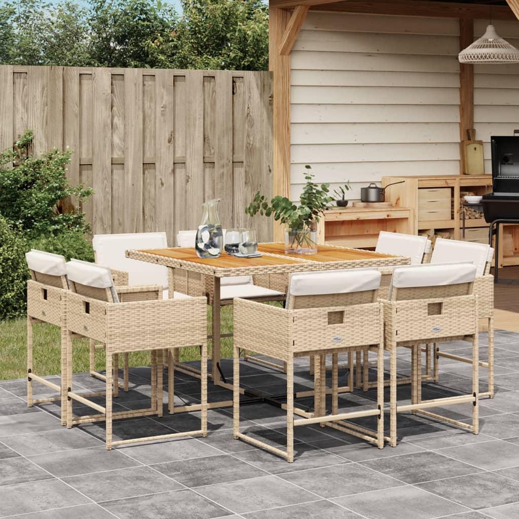 Spisebordssæt til haven 9 dele med hynder polyrattan beige