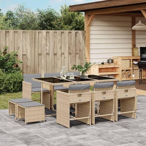 Spisebordssæt til haven 11 dele med hynder polyrattan beige