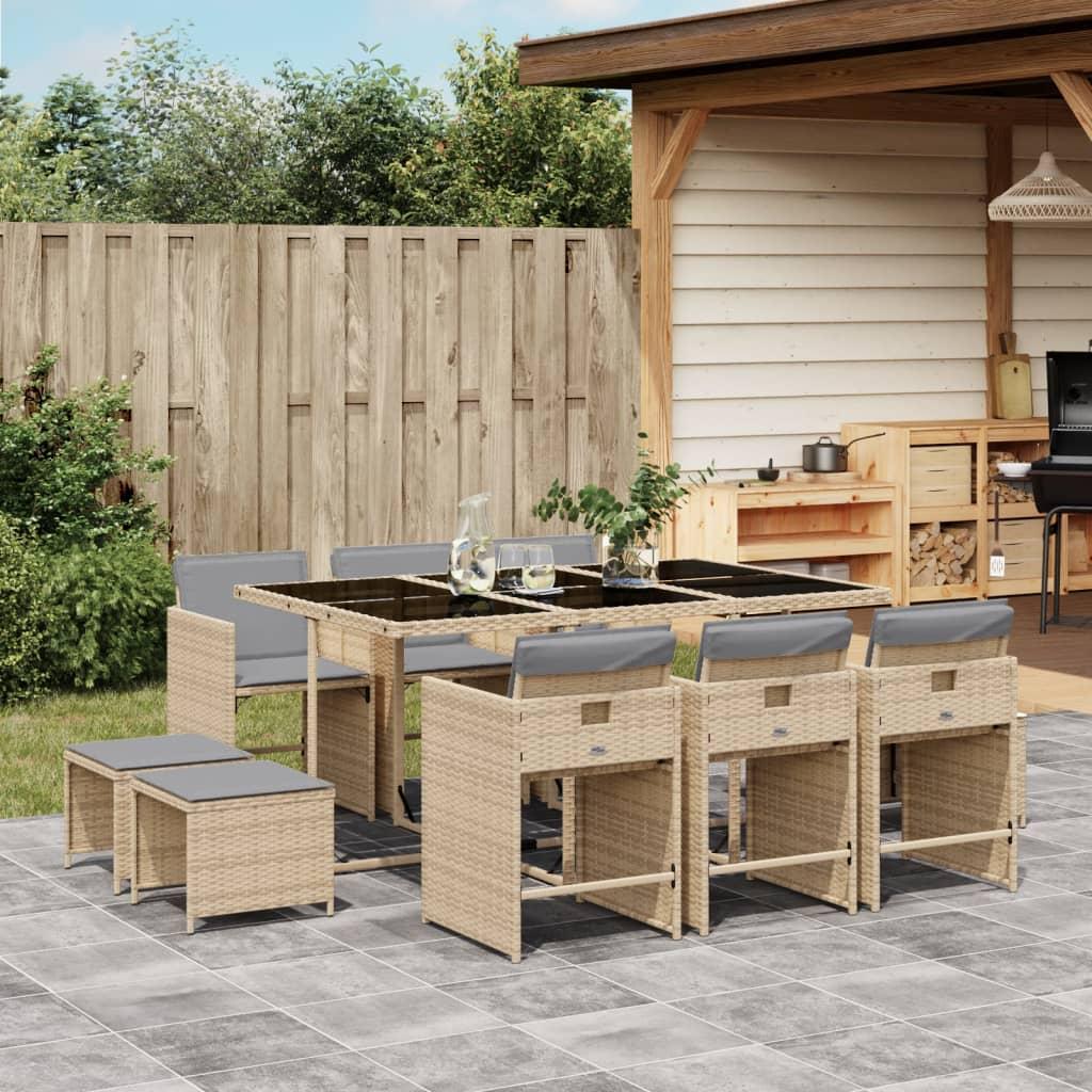 Spisebordssæt til haven 11 dele med hynder polyrattan beige