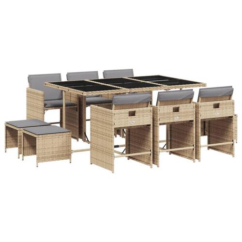 Spisebordssæt til haven 11 dele med hynder polyrattan beige