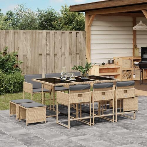 Spisebordssæt til haven 11 dele med hynder polyrattan beige