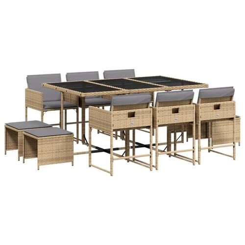 Spisebordssæt til haven 11 dele med hynder polyrattan beige