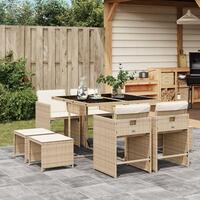 Spisebordssæt til haven 9 dele med hynder polyrattan beige