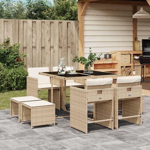 Spisebordssæt til haven 9 dele med hynder polyrattan beige