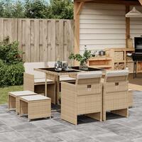 Spisebordssæt til haven 9 dele med hynder polyrattan beige