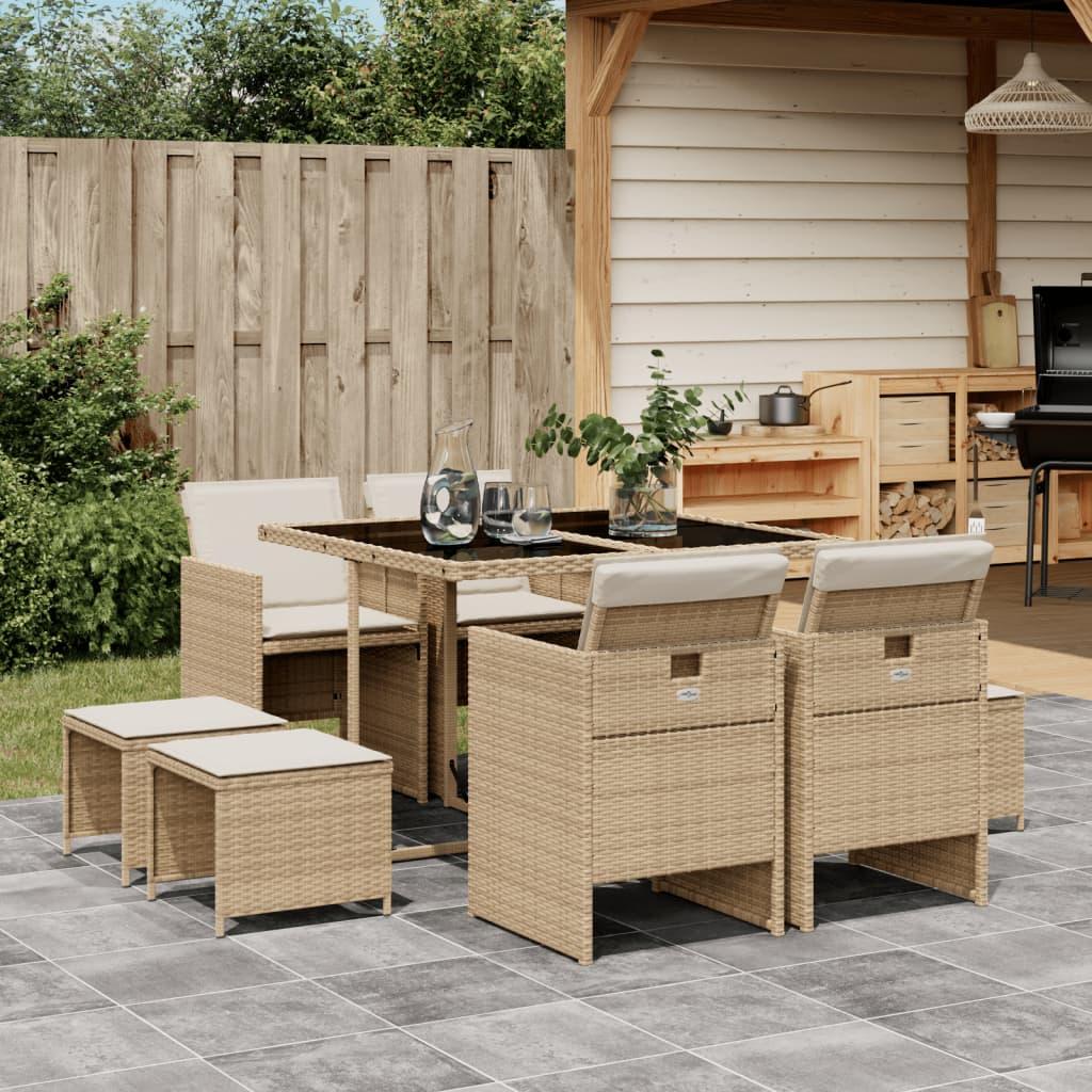 Spisebordssæt til haven 9 dele med hynder polyrattan beige