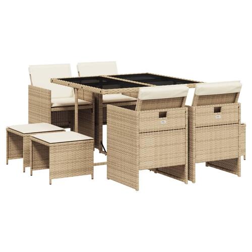 Spisebordssæt til haven 9 dele med hynder polyrattan beige