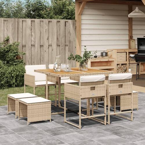 Spisebordssæt til haven 9 dele med hynder polyrattan beige
