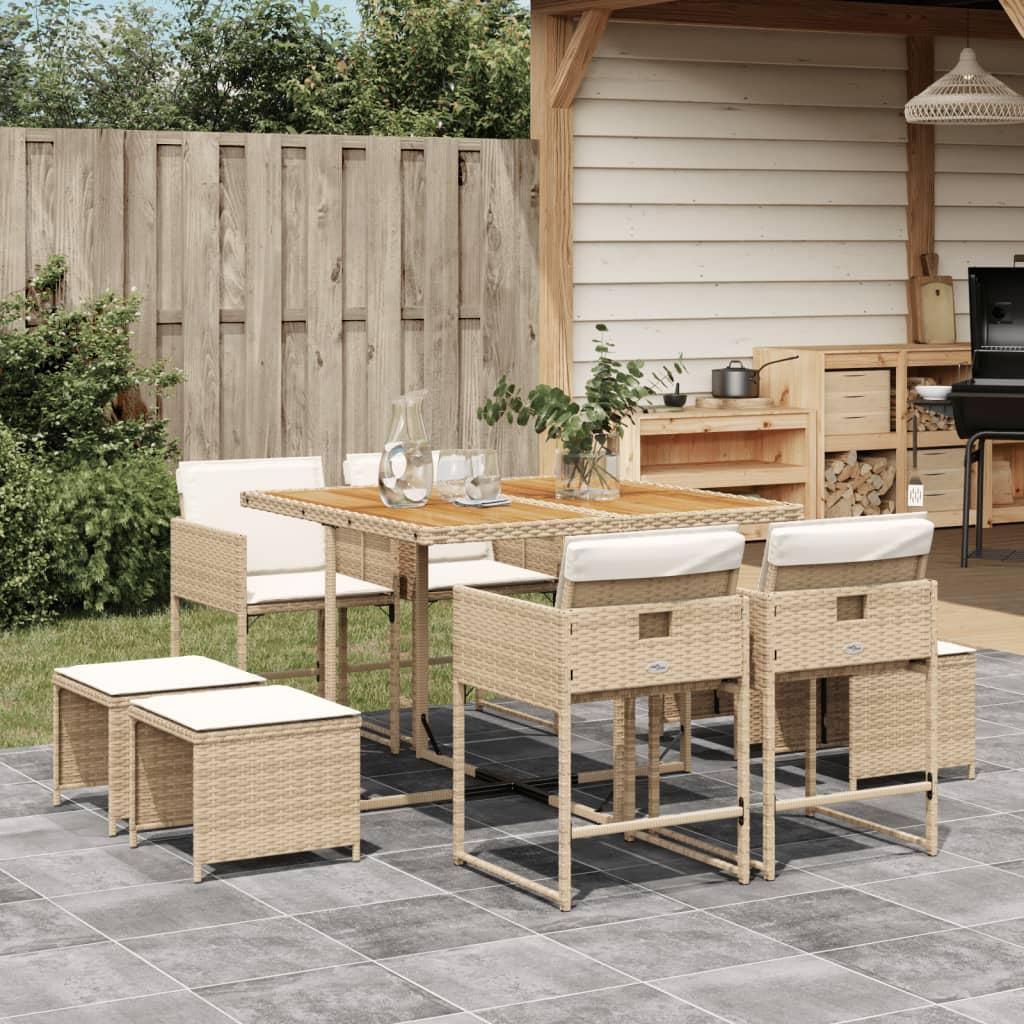 Spisebordssæt til haven 9 dele med hynder polyrattan beige