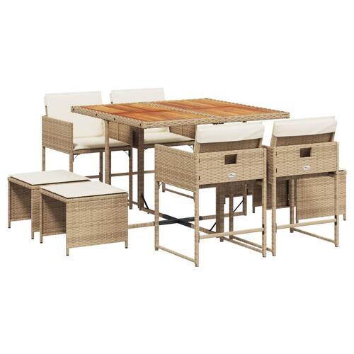 Spisebordssæt til haven 9 dele med hynder polyrattan beige