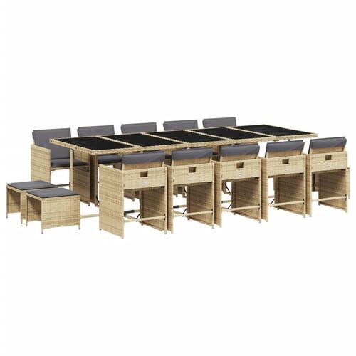 Spisebordssæt til haven 15 dele med hynder polyrattan beige