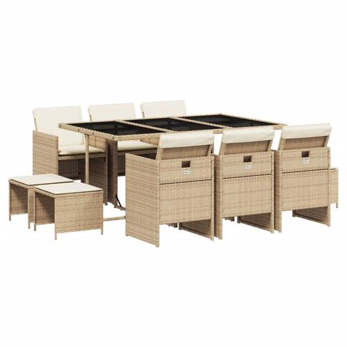 Spisebordssæt til haven 11 dele med hynder polyrattan beige