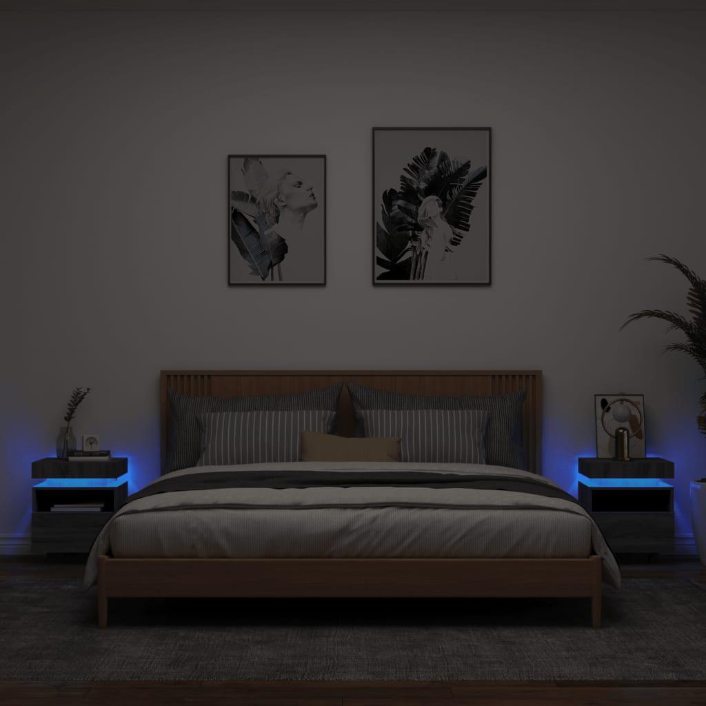 Sengeborde 2 stk. med LED-lys 40x39x48,5 cm grå sonoma-eg