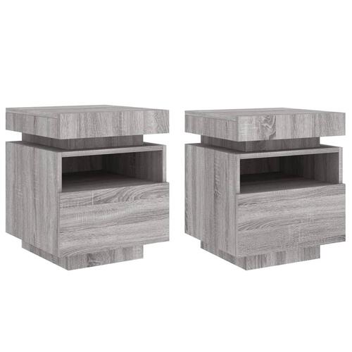 Sengeborde 2 stk. med LED-lys 40x39x48,5 cm grå sonoma-eg
