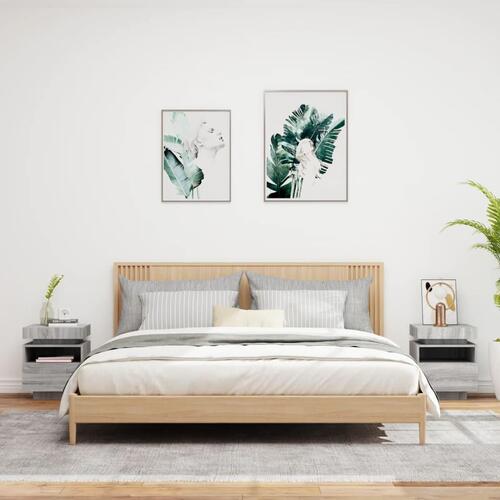 Sengeborde 2 stk. med LED-lys 40x39x48,5 cm grå sonoma-eg