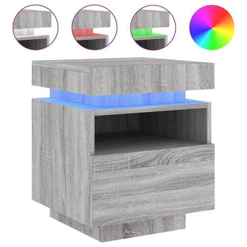 Sengeborde 2 stk. med LED-lys 40x39x48,5 cm grå sonoma-eg