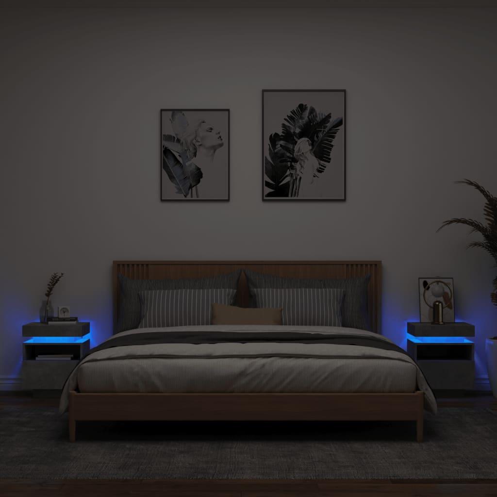 Sengeborde 2 stk. med LED-lys 40x39x48,5 cm betongrå