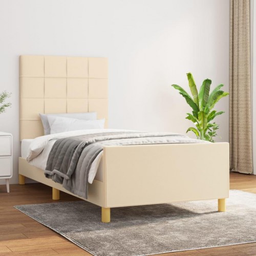 Sengeramme med sengegavl - creme stof, 100 x 200 cm