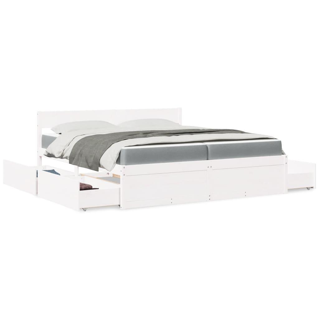 Seng med skuffer og madras 200x200 cm massivt fyrretræ hvid billede