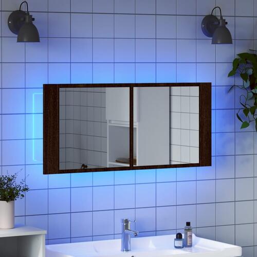 Badeværelsesskab m. spejl og LED-lys 100x12x45 cm brun eg