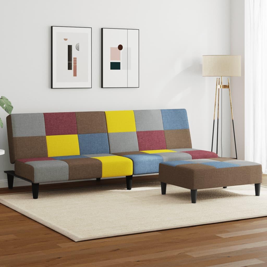 2-personers sovesofa med fodskammel i stof patchwork flerfarvet