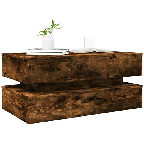 Sofabord med LED-lys 90x50x40 cm røget egetræsfarve