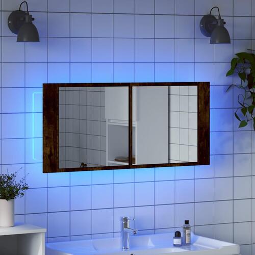 Badeværelsesskab m. spejl og LED-lys 100x12x45 cm røget eg