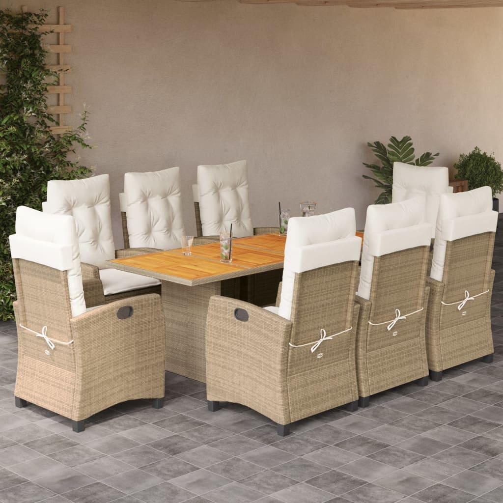 Spisebordssæt til haven 9 dele med hynder polyrattan beige