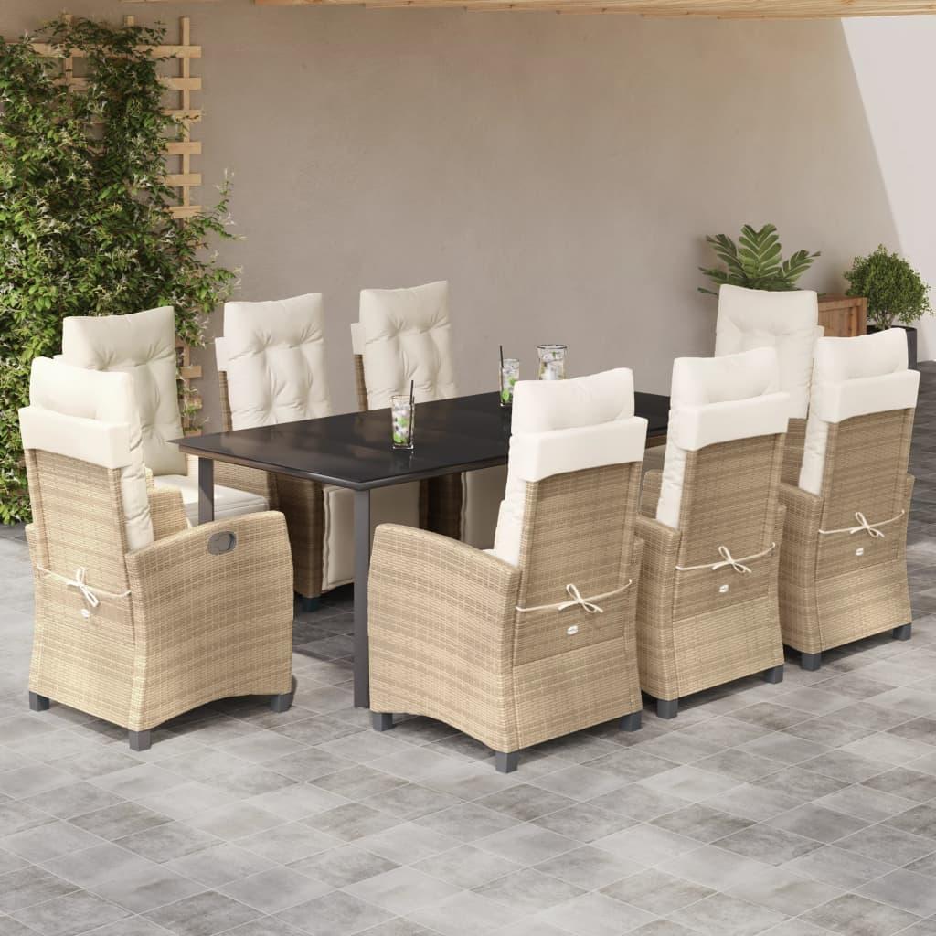 Spisebordssæt til haven 9 dele med hynder polyrattan beige