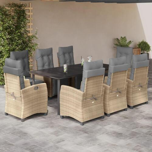Spisebordssæt til haven 9 dele med hynder polyrattan beige