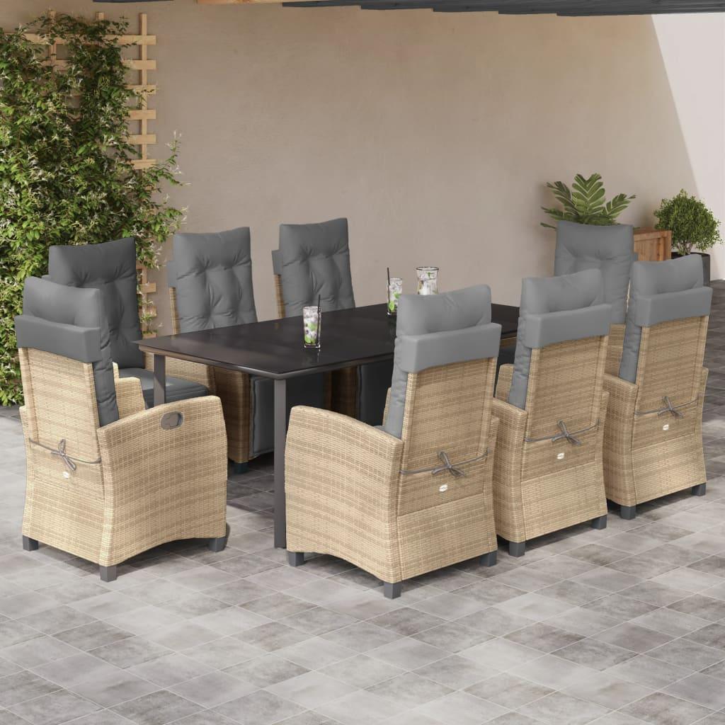 Spisebordssæt til haven 9 dele med hynder polyrattan beige