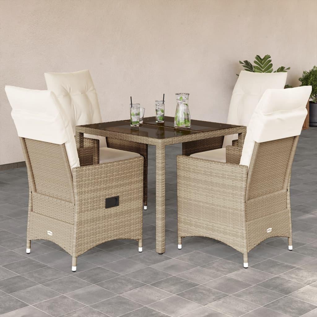 Spisebordssæt til haven 5 dele med hynder polyrattan beige