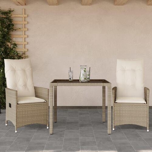 Bistrosæt til haven 3 dele med hynder polyrattan beige