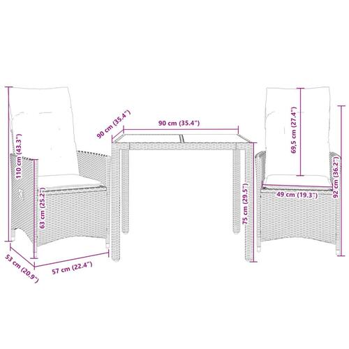 Bistrosæt til haven 3 dele med hynder polyrattan beige