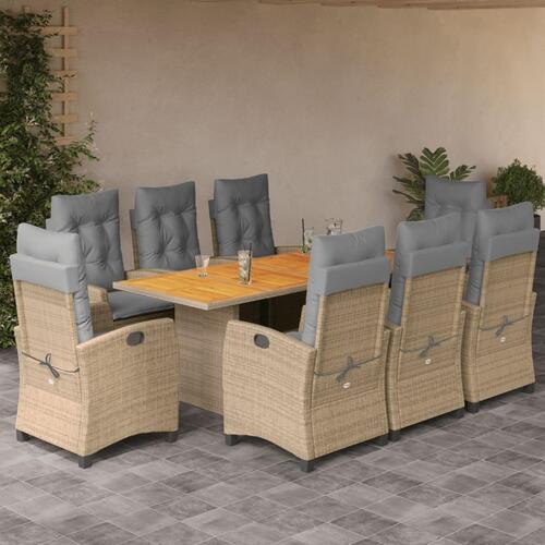 Spisebordssæt til haven 9 dele med hynder polyrattan beige