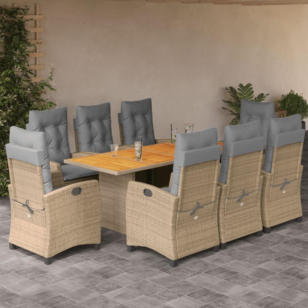 Spisebordssæt til haven 9 dele med hynder polyrattan beige