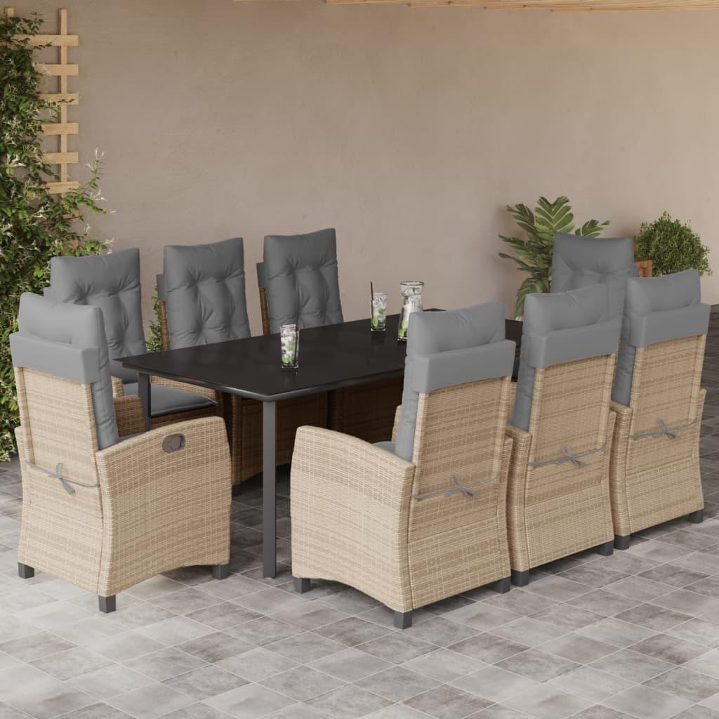 Spisebordssæt til haven 9 dele med hynder polyrattan beige