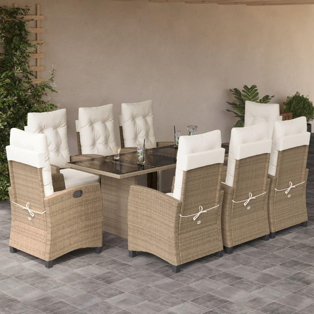 Spisebordssæt til haven 9 dele med hynder polyrattan beige