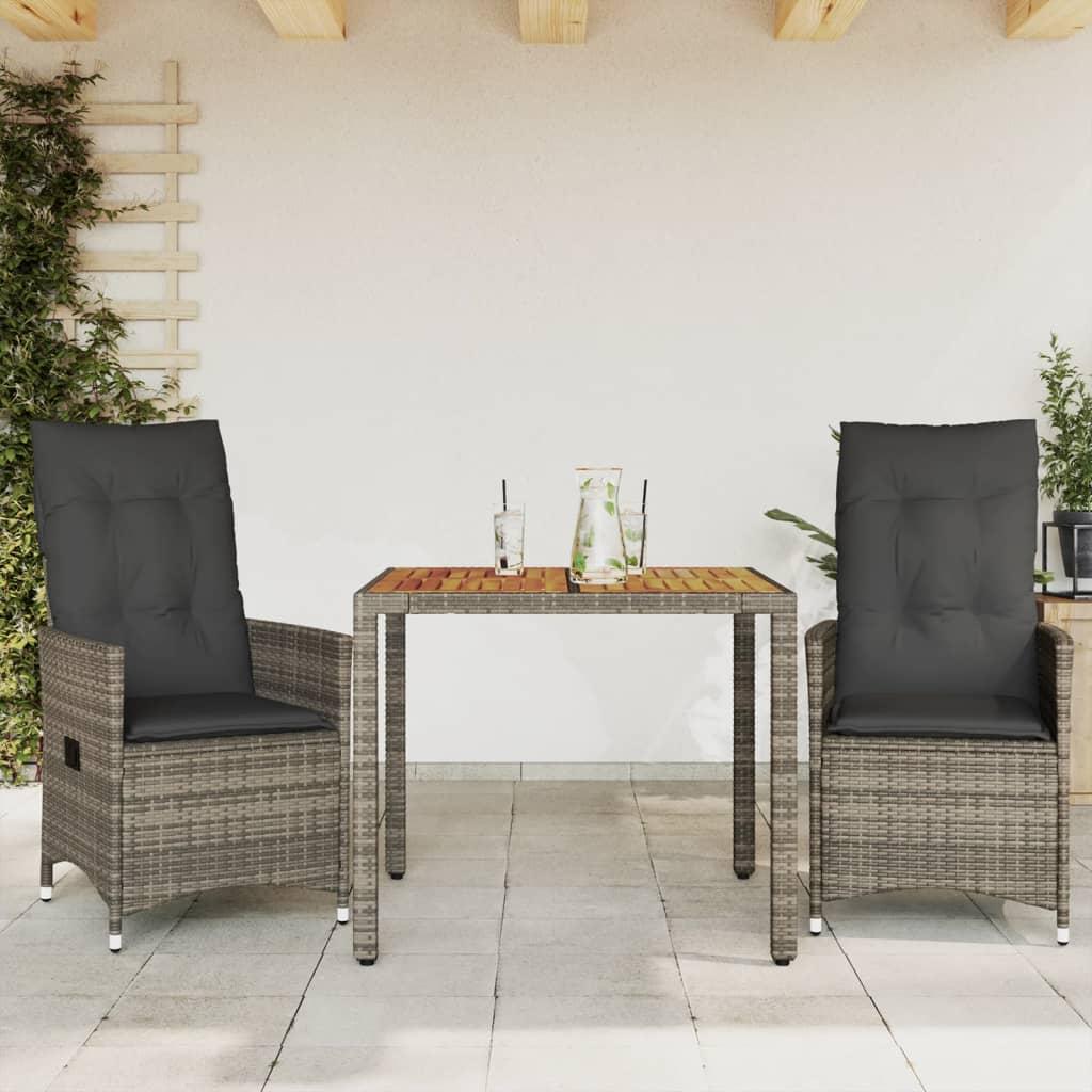 Bistrosæt Til Haven 3 Dele Med Hynder Polyrattan Grå - 2 / Uden fodskammel / 90 x 90 x 75 cm