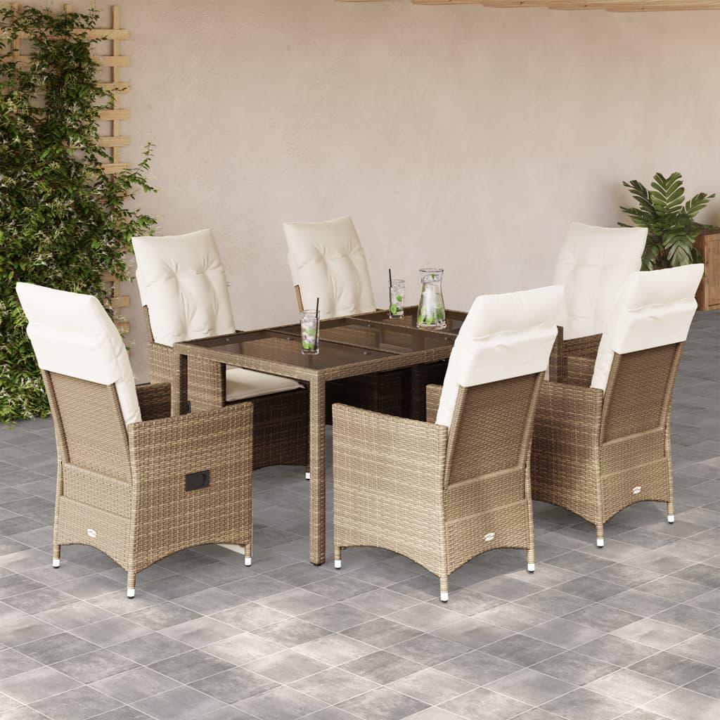 Spisebordssæt til haven 7 dele med hynder polyrattan beige