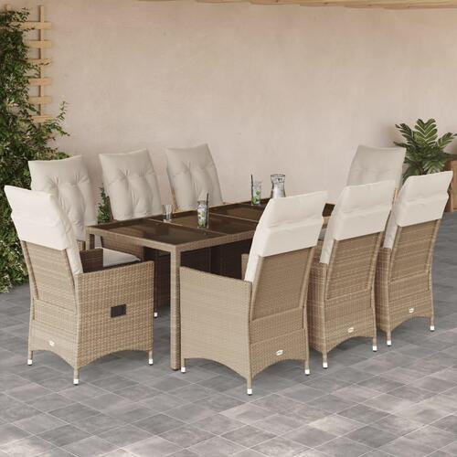 Spisebordssæt til haven 9 dele med hynder polyrattan beige